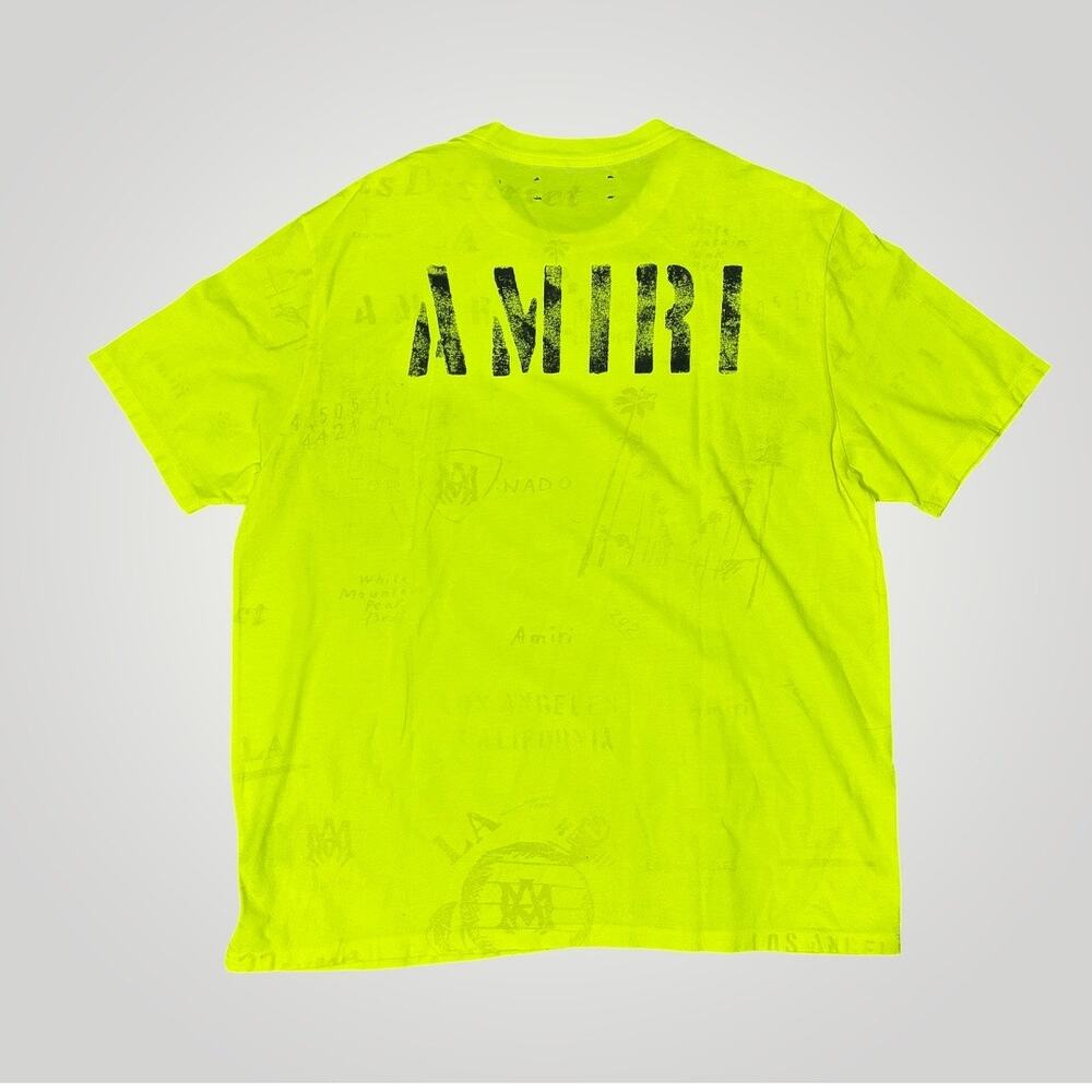 Amiri LA Neon Green MA Logo Sketch AOP Short Sleeve Tee Shirt Size Large